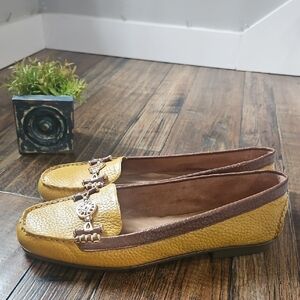 AEROSOLES Women's Mustard Yellow and Brown Pebbled Leather Slip On Loafers